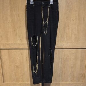 (J56) American Bazi Black Skinny Jeans with Gold Chains Sz M